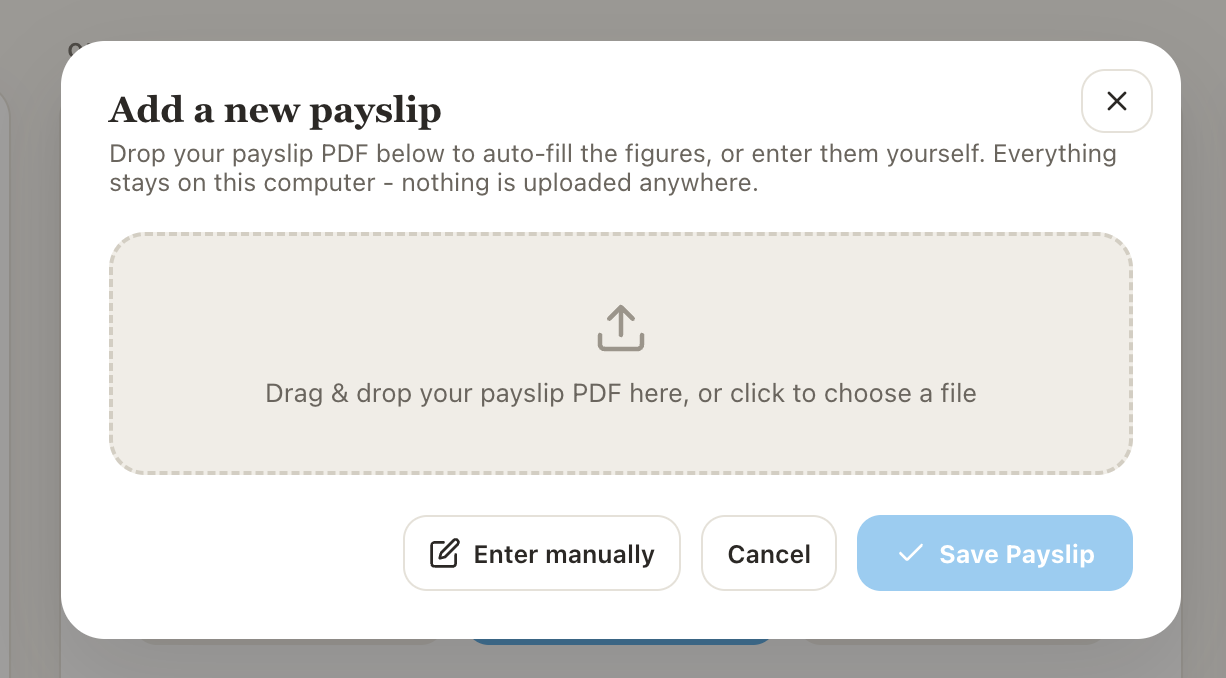 Add Payslip modal, upload step