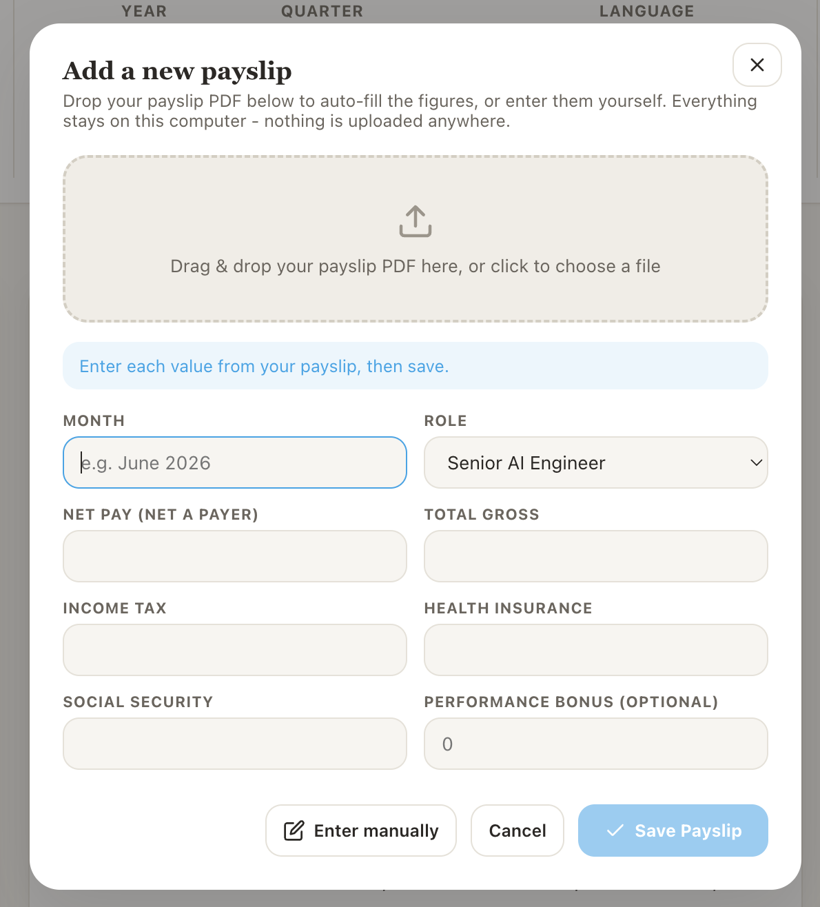 Add Payslip modal, manual entry form