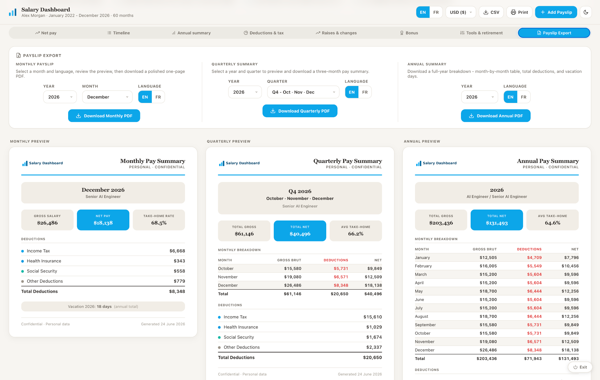Payslip export tab with live previews
